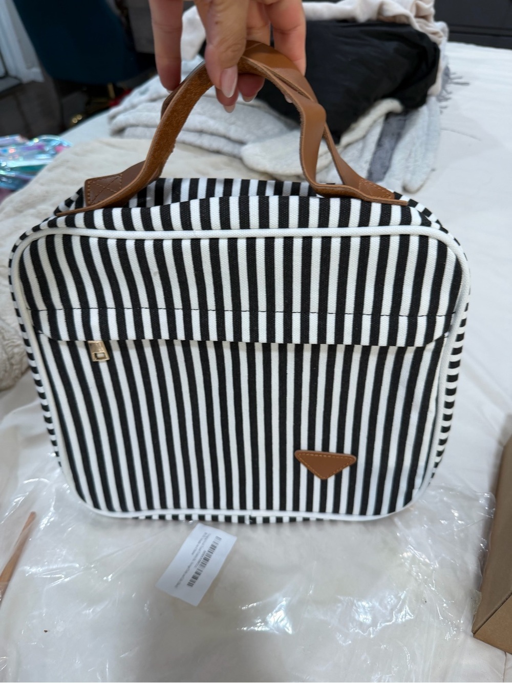 Striped Black and White Hanging Travel Toiletry Bag